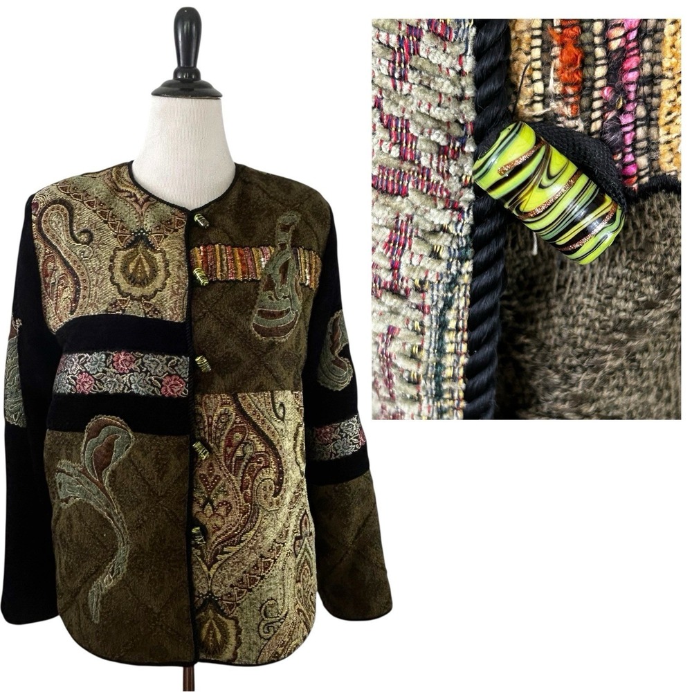 ACORN Tapestry Patchwork Embroidered JACKET M Art to Wear Statement Patchwork